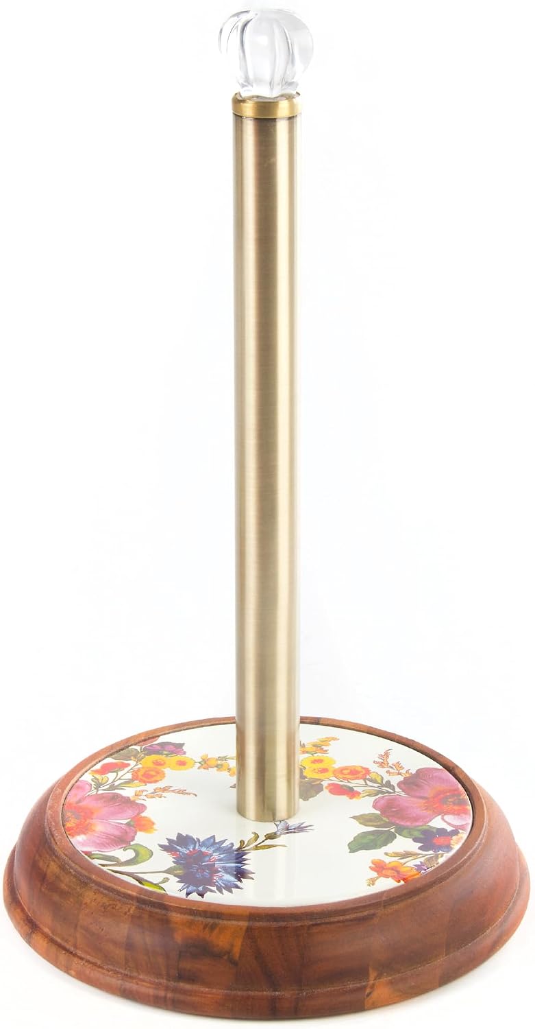 MACKENZIE-CHILDS Wood Paper Towel Holder, Decorative Paper Towel Holder for Kitchen, White Flower Market