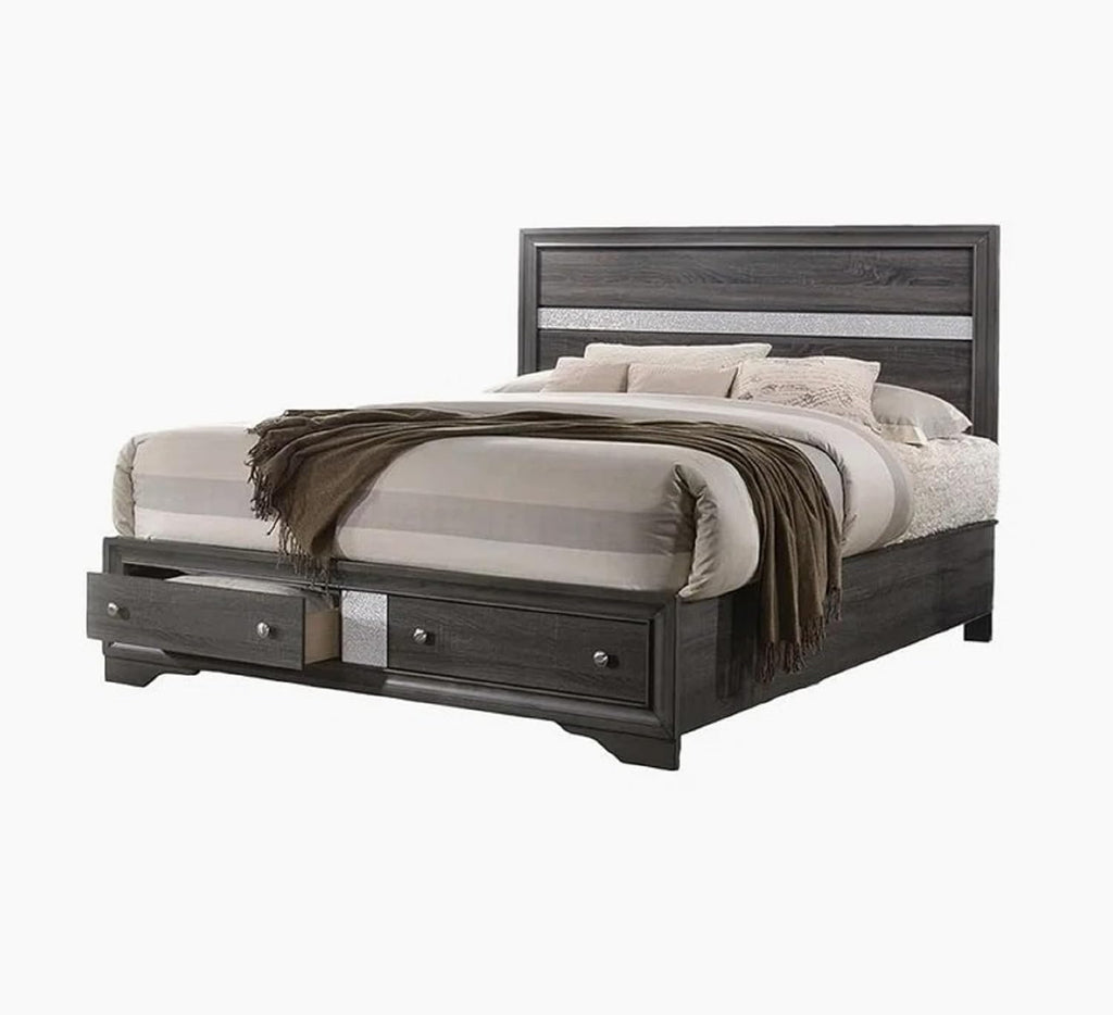 Contemporary 6pc Gray Queen Size Storage Footboard Bed Wooden Bedroom Furniture Set