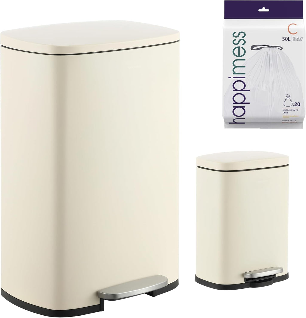 happimess HPM1006F Connor Rectangular 13-Gallon Trash Can with Soft-Close Lid and Free Mini Trash Can, Fingerprint Resistant, Modern, Minimalistic for Home, Kitchen, Office, Bathroom, Limestone Beige
