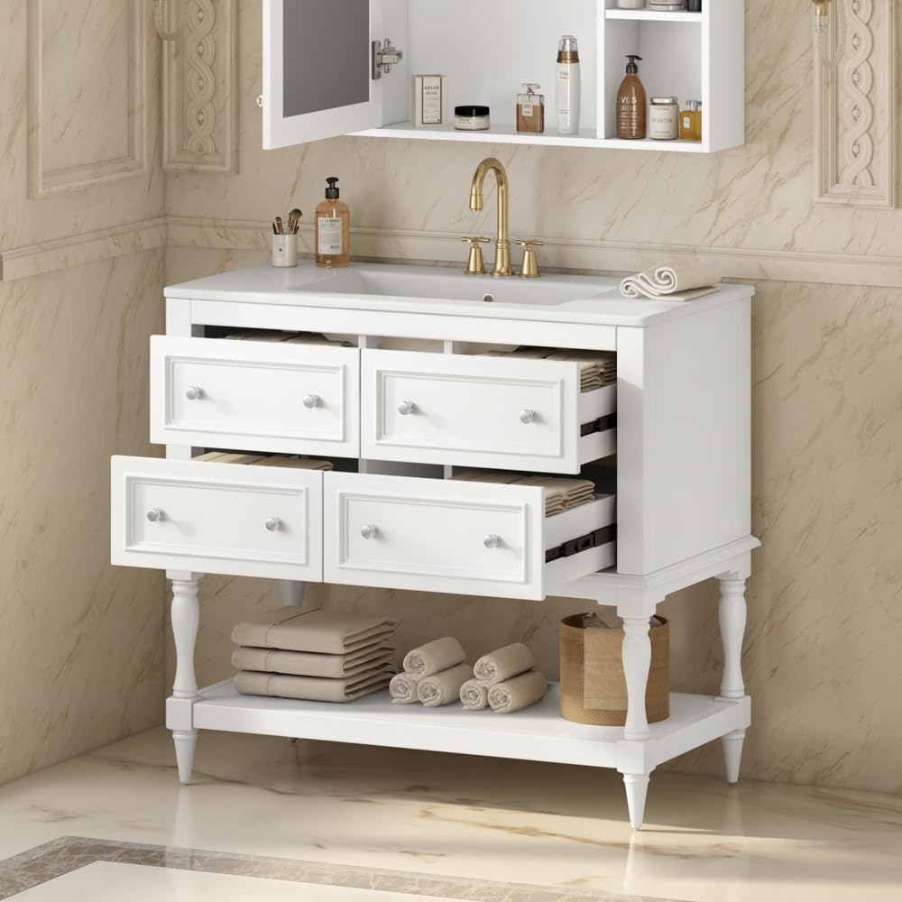 36 Inch Bathroom Vanity with Undermount Ceramic Sink, Free Standing Cabinet with 4 Drawers, Solid Wood Frame Modern Storage Set, Complete Single Basin Vanity for Bathroom (White)