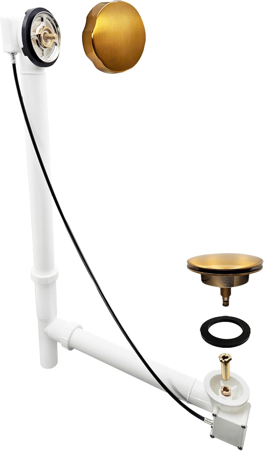 Westbrass A50P27TLE-18 27' Cable Drive Bath Drain Trim Kit with Rotary Overflow Cover Knob, European Stopper and Poly Tubular Pipes, Brushed Bronze