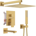 Iriber Brushed Gold Rain Shower System with Waterfall Tub Spout 3 Function Shower Faucet Set Contain 12 Inch Shower Head and Handheld Modern Bathroom Shower Trim Kit (Valve Cartridge Included)