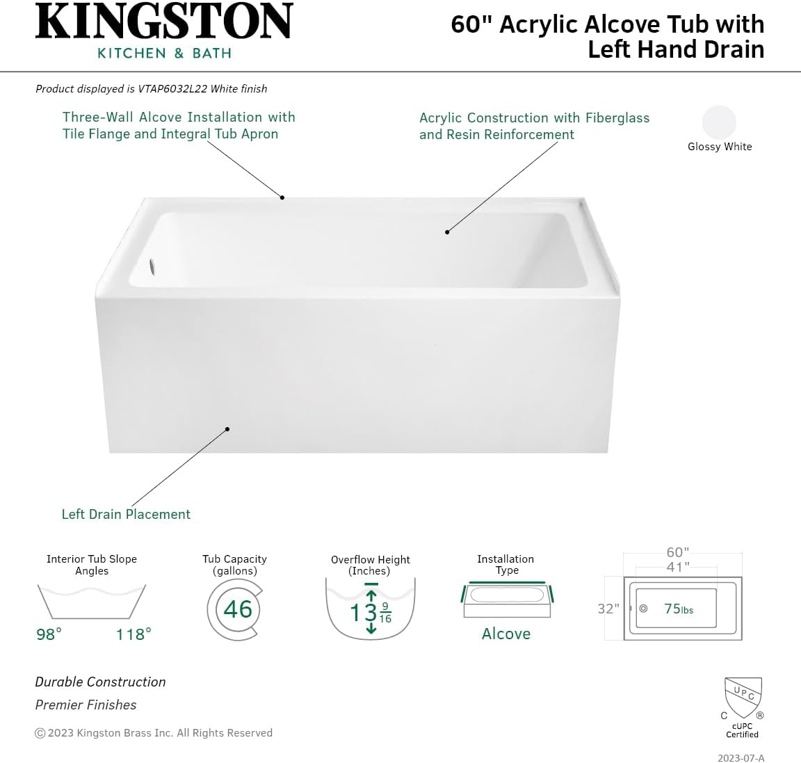 Aqua Eden VTAP6032L22 60-Inch Acrylic 3-Wall Alcove Tub with Left Hand Drain Hole, Glossy White