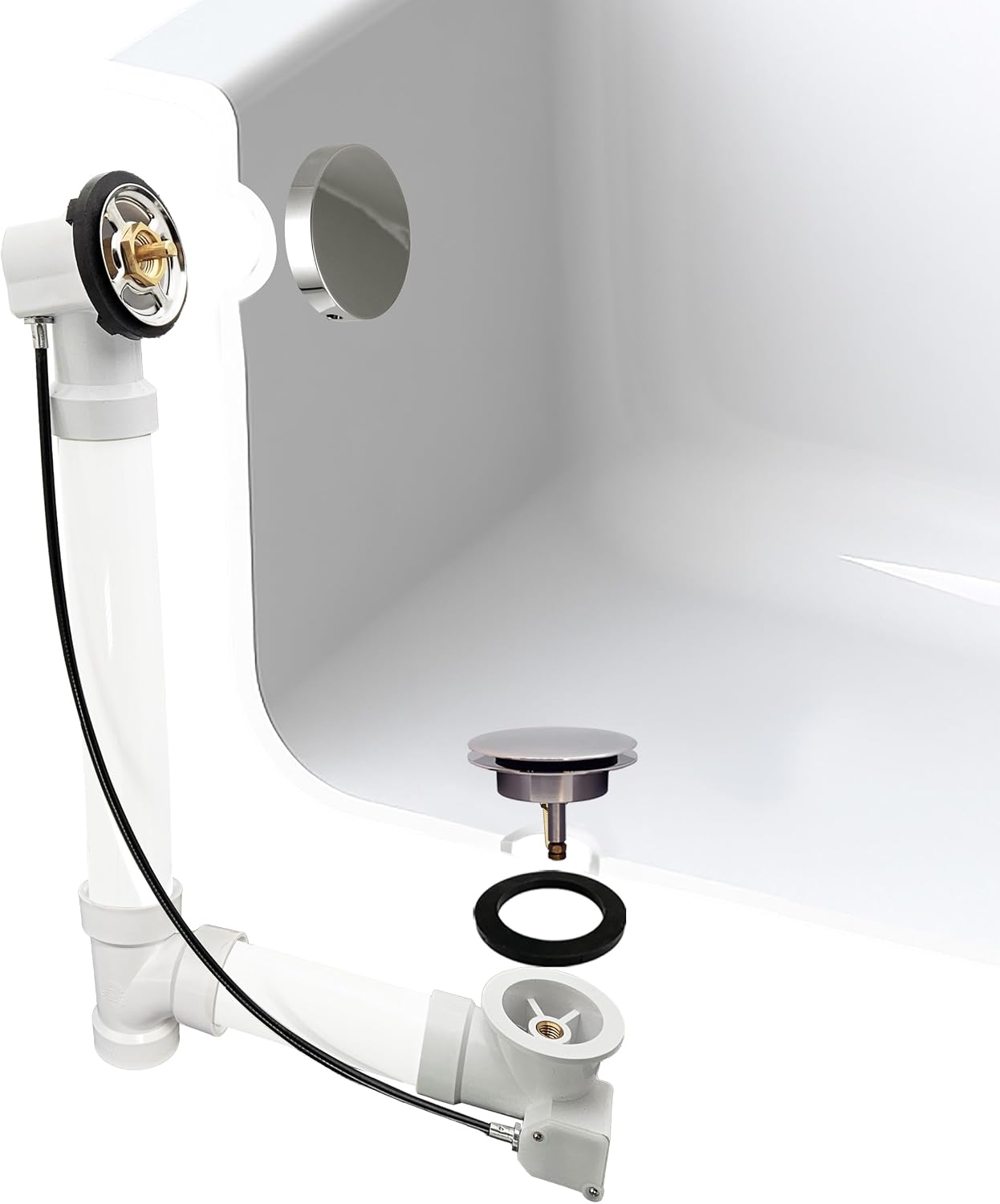 Westbrass D50P35SRE-05 35' Cable Drive Bathtub Drain Trim with Rotary Overflow Cover Knob, Pop-Up Stopper Sch. 40 PVC Fittings, Polished Nickel