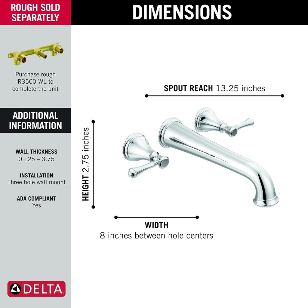 Delta Wall Mount Bathroom Faucet 3 Hole, Chrome Bathroom Sink Faucet for Vanity, Chrome T5797-WL (Valve Not Included)