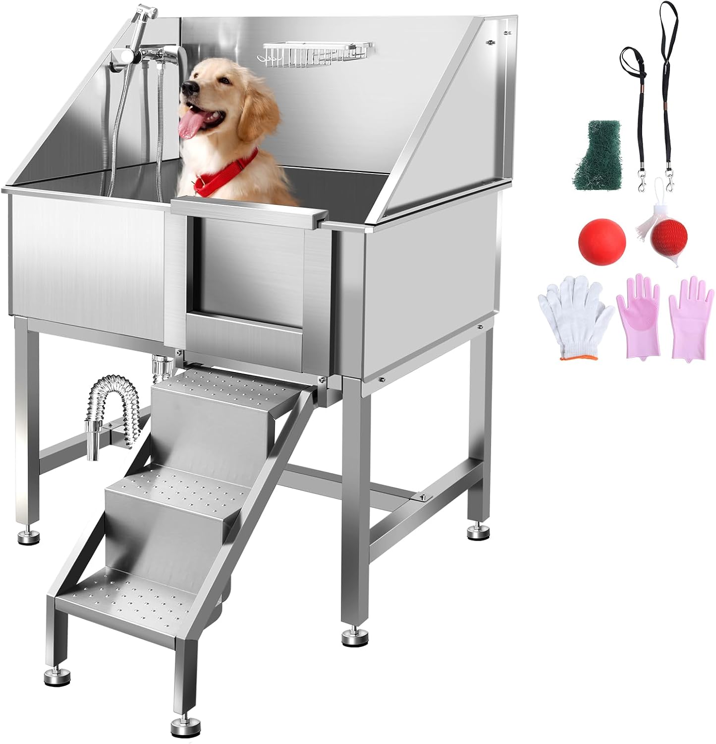 Dog Grooming Tub, 38' L Pet Wash Station, Professional Stainless Steel Pet Grooming Tub with Ramp, Faucet, Sprayer, and Drain Kit,R-Door
