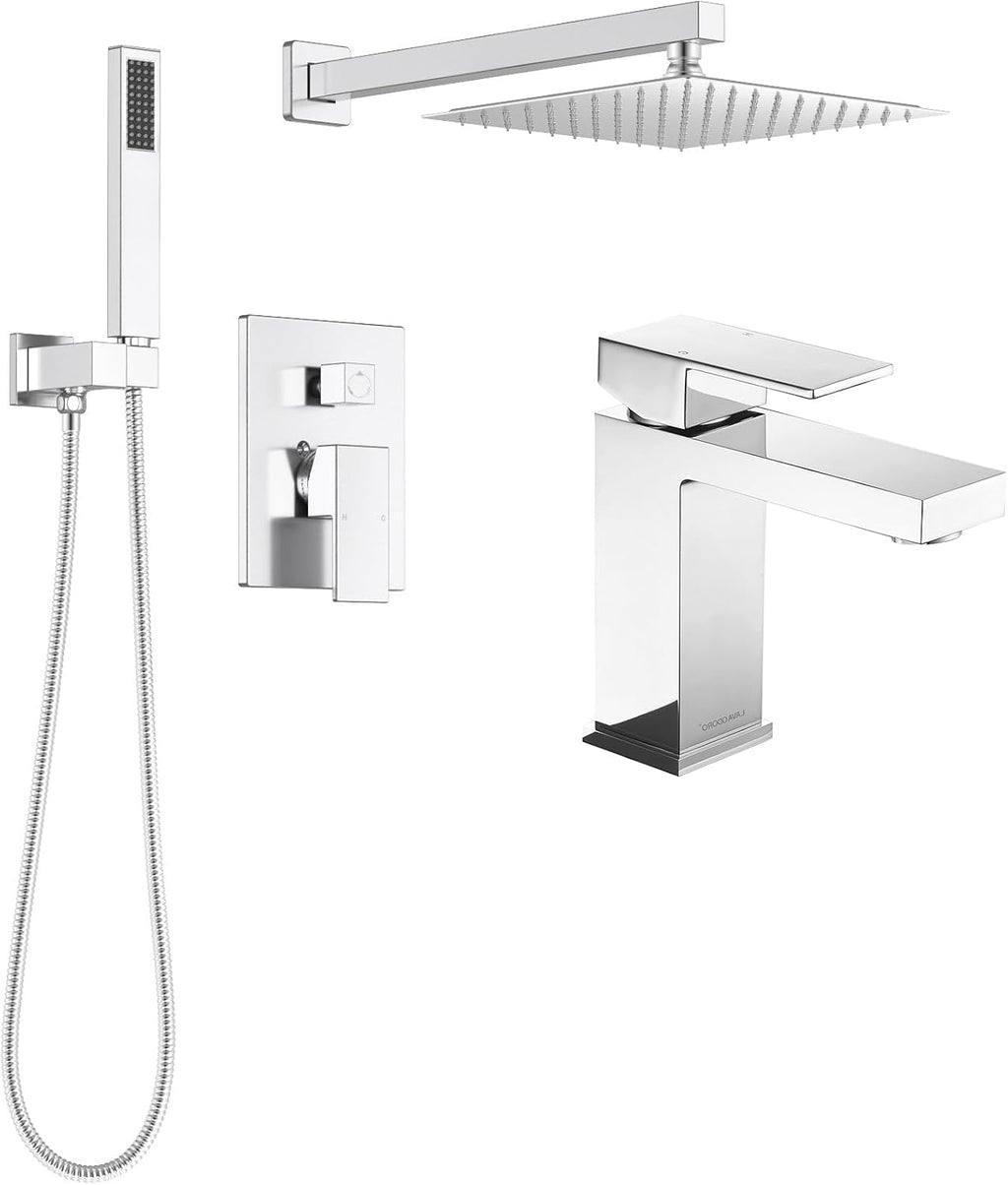 Lava Odoro 2-Setting Rainfall Shower Faucet Set and Bathroom Faucet Chrome, Gold Shower Sytem with Rough-in Valve, Chrome