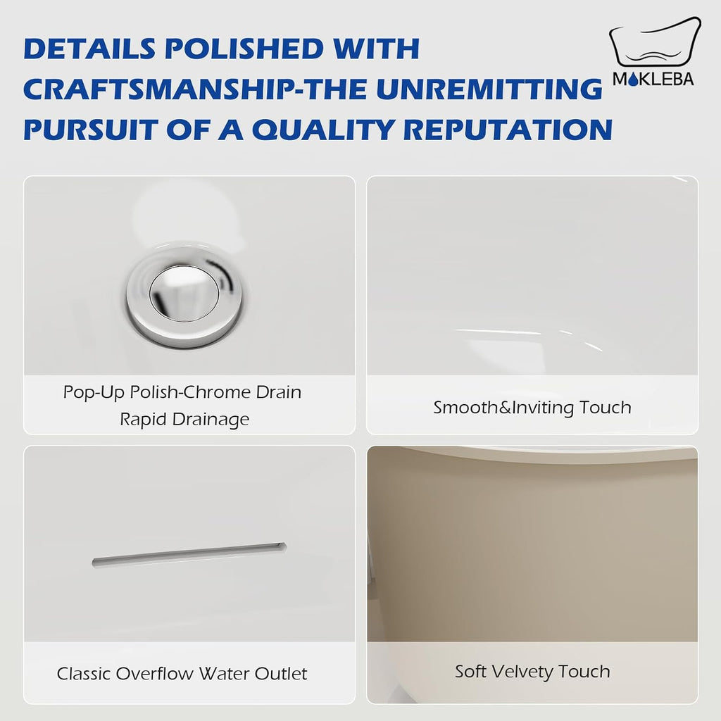 59' Solid Surface Resin Freestanding Bathtub, Double Ended Shape, Modern Deep Stone Resin Soaking Bathtub with Integrated Slotted Overflow, Toe-Tap Chrome Drain, cUPC Certified, Khaki