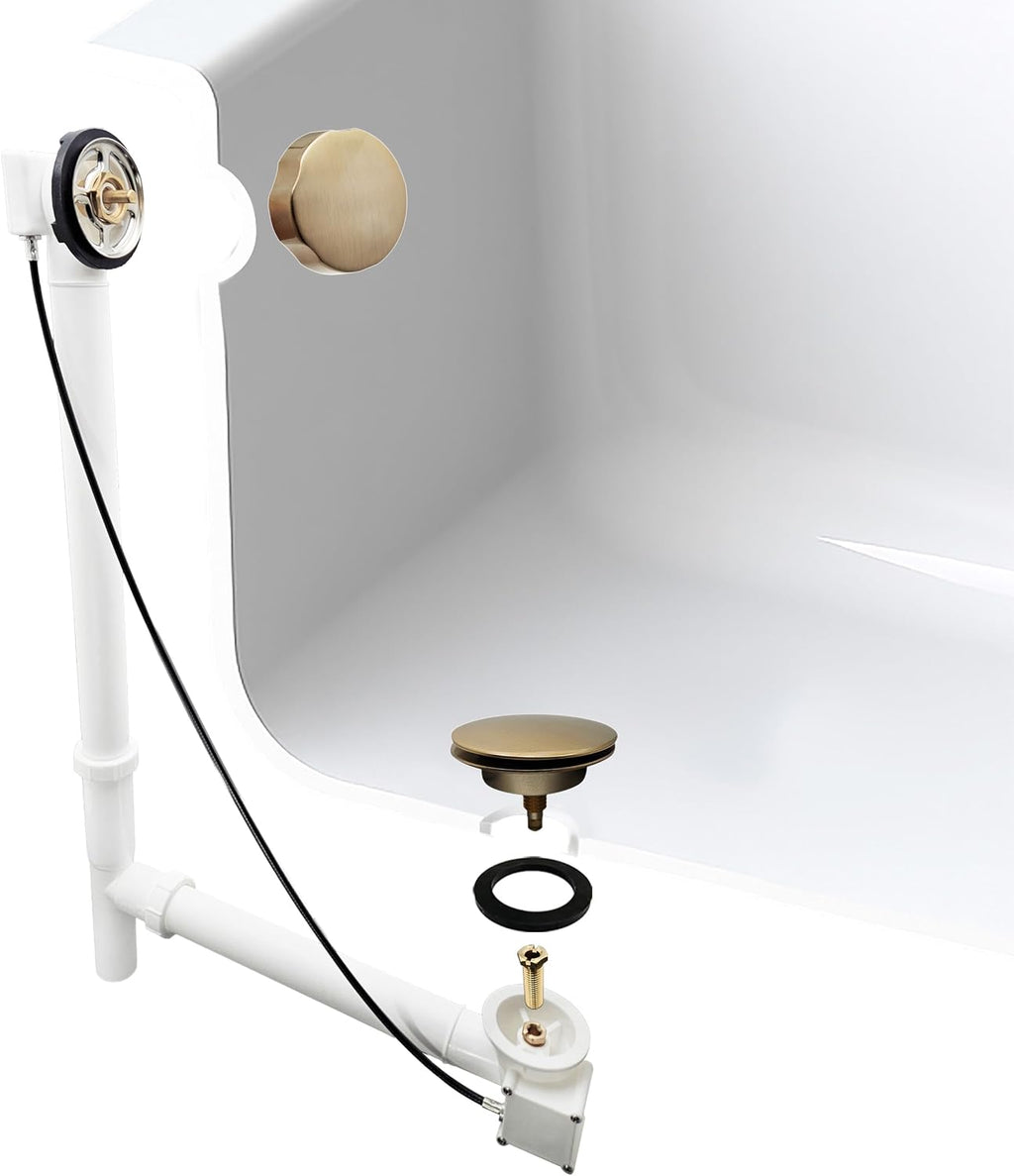 Westbrass A50P27TLE-19 27' Cable Drive Bath Drain Trim Kit with Rotary Overflow Cover Knob, European Stopper and Poly Tubular Pipes, Champagne Bronze