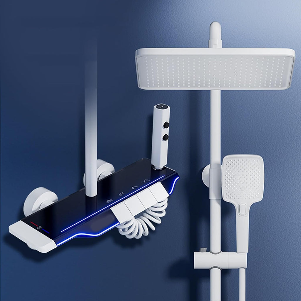 Shower set with smart constant temperature, shower set with LED digital display, shower set with hidden drain, with air booster, piano keys, four-speed square spray, suitable for bathrooms ( Color : W