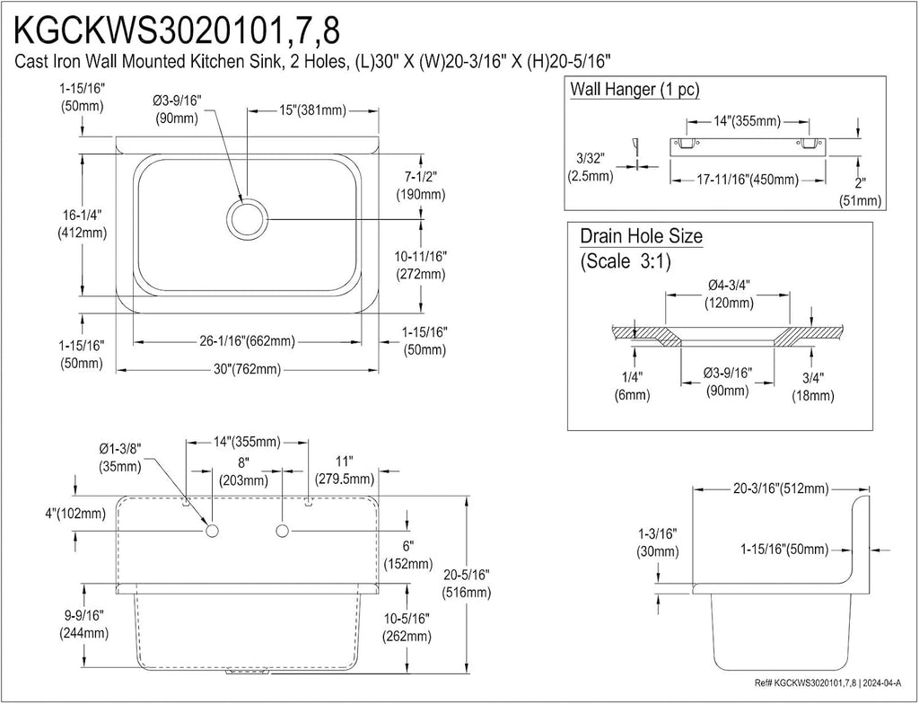 Kingston Brass Petra Galley KGCKWS3020107 Cast Iron Single Bowl Wall Mount Kitchen Sink with 2-Hole Drain and Strainer, White/Brushed Brass
