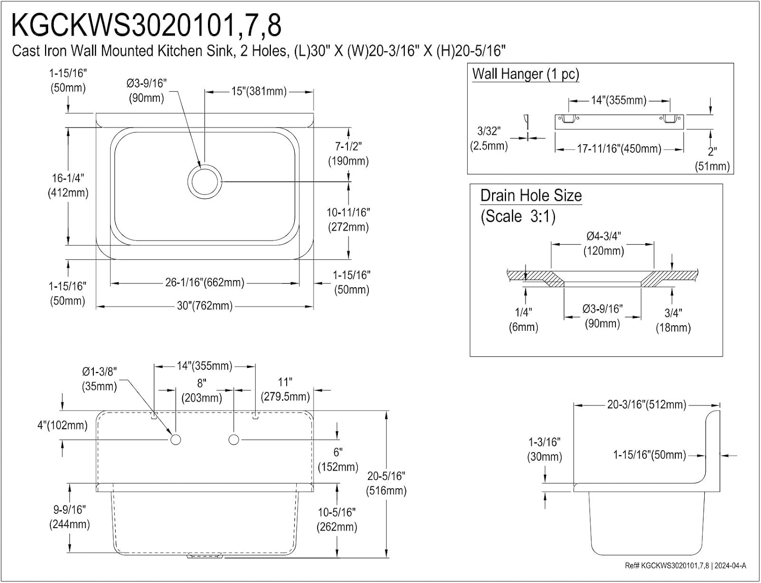 Kingston Brass Petra Galley KGCKWS3020107 Cast Iron Single Bowl Wall Mount Kitchen Sink with 2-Hole Drain and Strainer, White/Brushed Brass