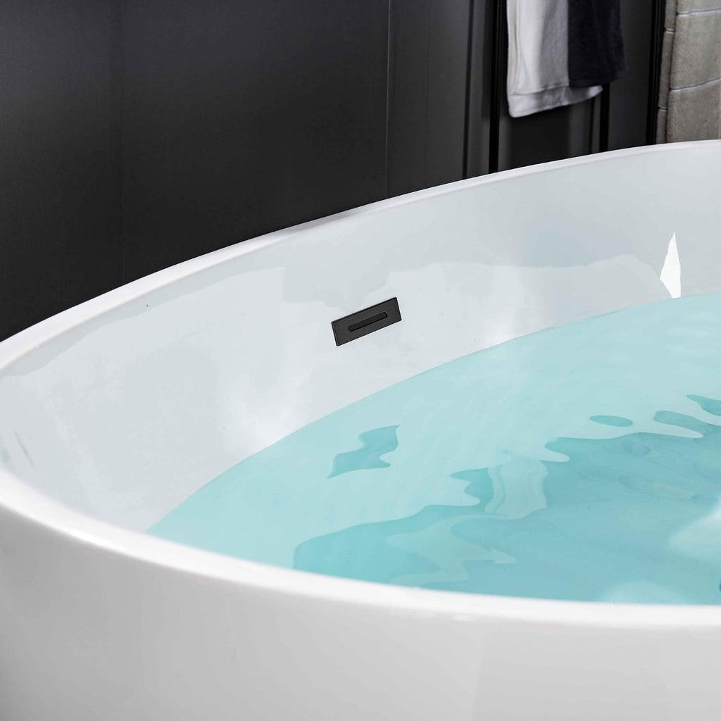 WOODBRIDGE 59' Acrylic Freestanding Bathtub Contemporary Soaking White Tub with Matte Black Overflow and Drain，BTA1518 -MB-Drain &O