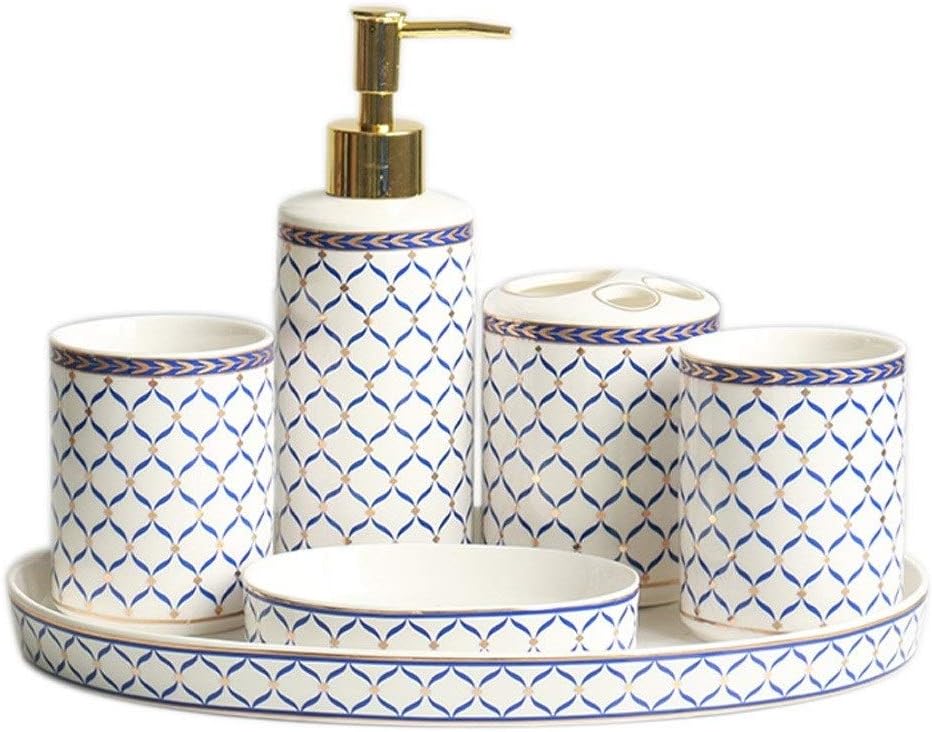 Kitchen Soap Dispenser 6-piece Ceramic Bathroom Accessories Set Soap Dispenser Toothbrush Holder Mug Soap Dish and Utility Tray Household Items Gift Countertop Soap Dispensers ( Color : White )