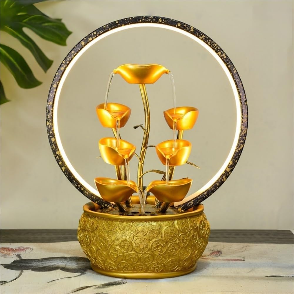 Gold Money Tree Feng Shui Tabletop Fountain with LED Light and Automatic Pump, Wealth Luck Indoor Waterfall Decor, Resin Desktop Water Feature for Home Office Zen Relaxation(Small)