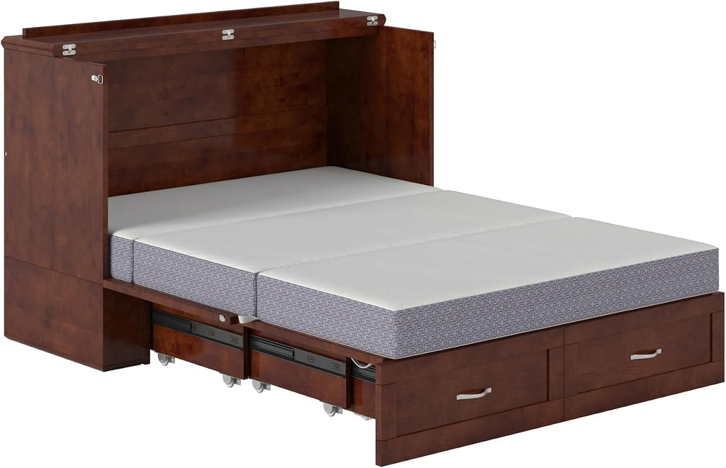 AFI Hamilton Full Murphy Bed Chest with Mattress, Storage, and Built-in Charger in Walnut
