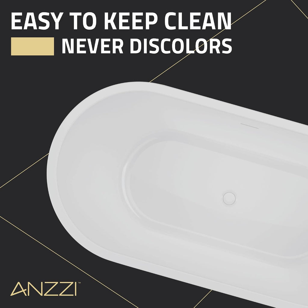 ANZZI 55 Inch Acrylic Freestanding Bathtub In Glossy White | Chand Pre-plumbed Solid Deep Soaker Tub With Built In Overflow And Drain | Soaking Stand Alone Tub 72 Gallons Capacity | FT-AZ098-55BK