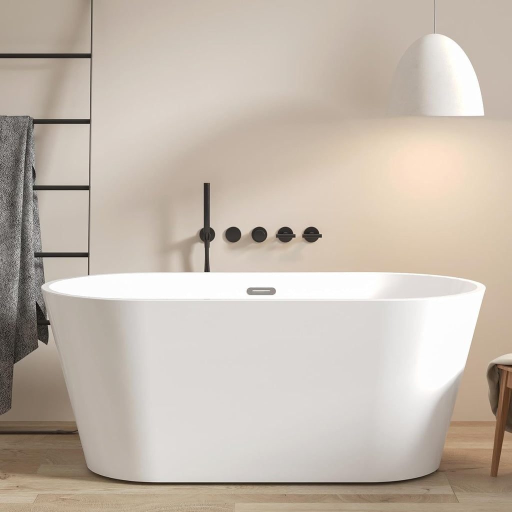 FerdY 59' Shangri-La Elite, Acrylic Freestanding Bathtub, Modern & Contemporary Design Soaking Tub with Chrome Pop-Up Drain and Minimalist Design Overflow, Glossy White, cUPC Certified
