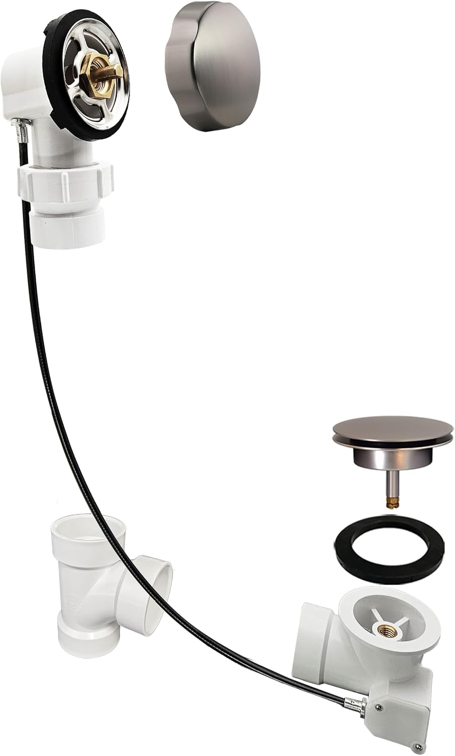 Westbrass A50P35BJ-20 1-1/2' Sch. 40 PVC 35' Cable Driven Bath Waste Kit with Ball Joint Head and Brass Trim Drain Kit, Stainless Steel