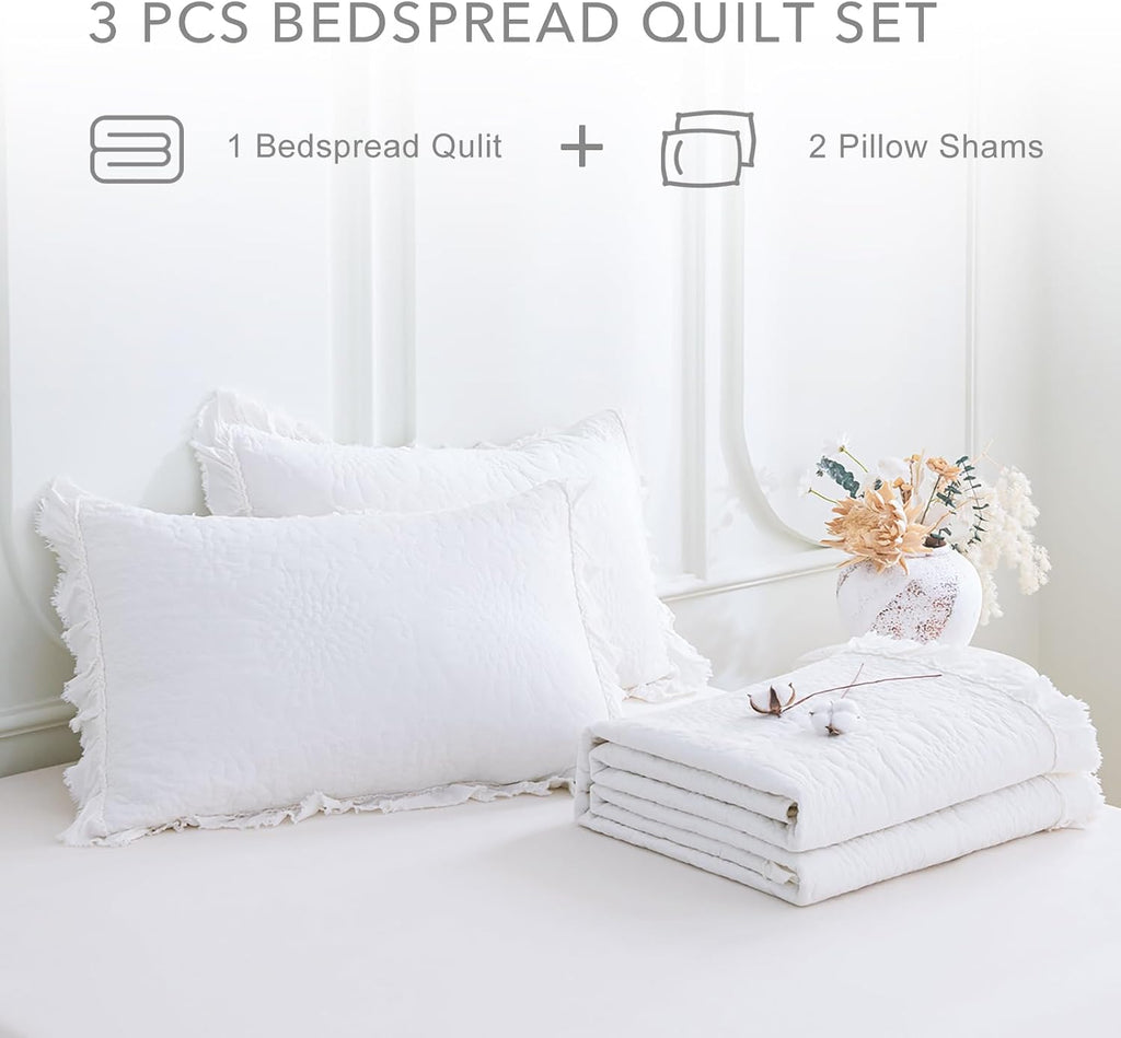 QSH Bright White Stonewashed Cotton Oversized King Quilt Bedspread Set(120'x120'),3PCs Shabby Ruffled Quilt California King,Ultra Soft Lightweight Crinkled Farmhouse Chic Bedspread Coverlet Bed Set