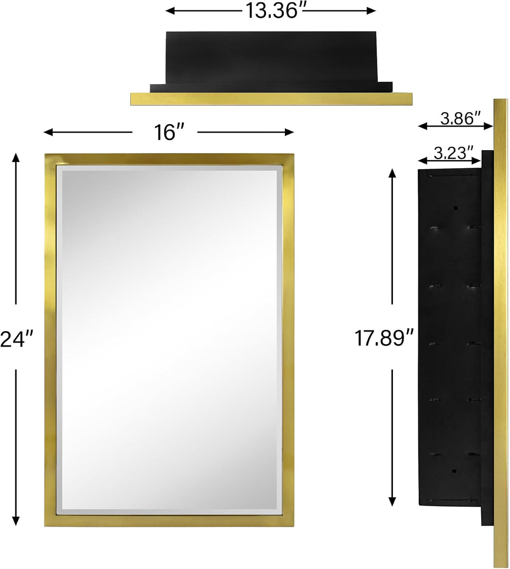 TEHOME Gold Metal Framed Recessed Bathroom Medicine Cabinet with Mirror Rectangle Tilting Beveled Vanity Mirrors for Wall 16 x 24 inches