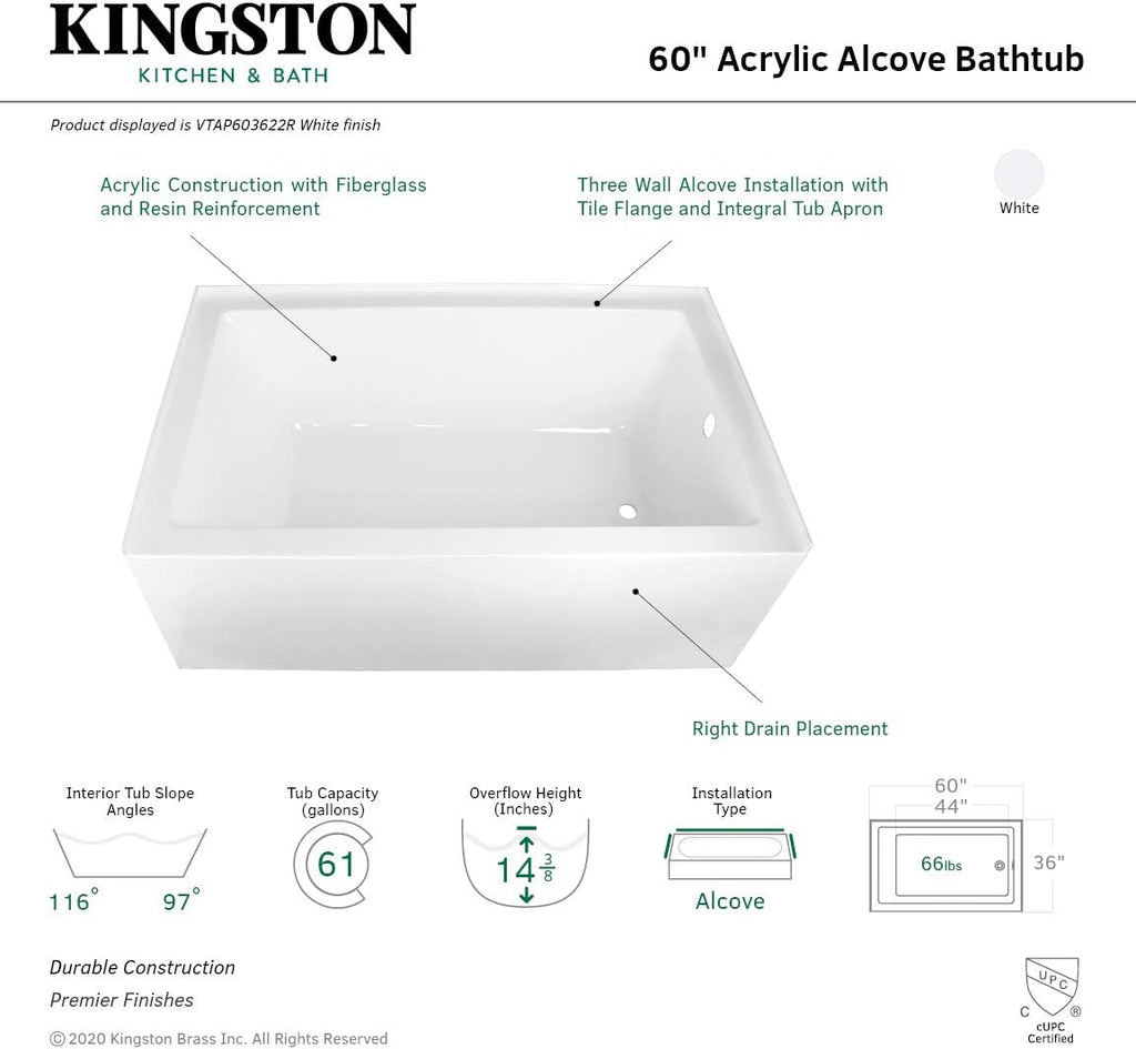 Kingston Brass Aqua Eden VTAP603622R 60-Inch Acrylic Alcove Tub with Right Hand Drain, White