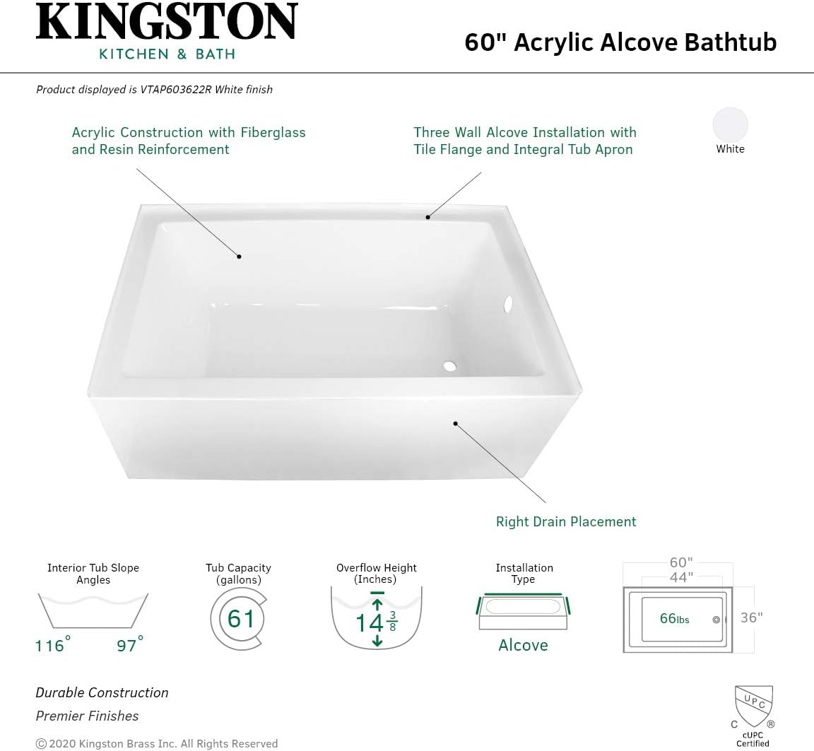 Kingston Brass Aqua Eden VTAP603622R 60-Inch Acrylic Alcove Tub with Right Hand Drain, White