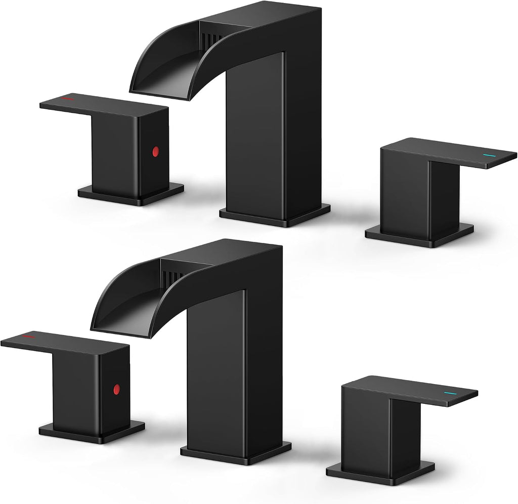 FORIOUS 2 Pack, Waterfall Bathroom Faucets 3 Hole, 8 Inch Widespread Square Matte Black Bathroom Sink Faucet with Metal Pop-up Drain and cUPC Supply Lines, Two Handles for Vanity, Restroom, Commercial