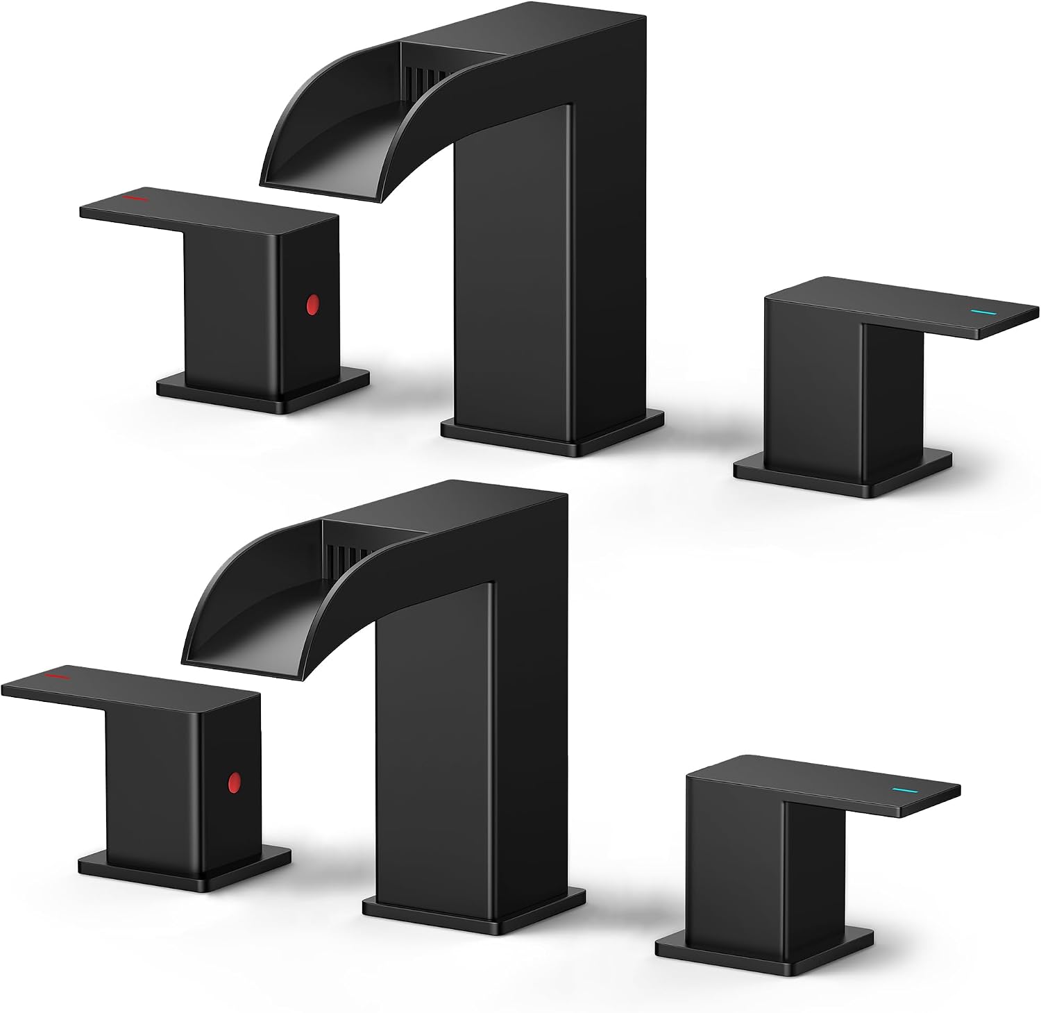 FORIOUS 2 Pack, Waterfall Bathroom Faucets 3 Hole, 8 Inch Widespread Square Matte Black Bathroom Sink Faucet with Metal Pop-up Drain and cUPC Supply Lines, Two Handles for Vanity, Restroom, Commercial