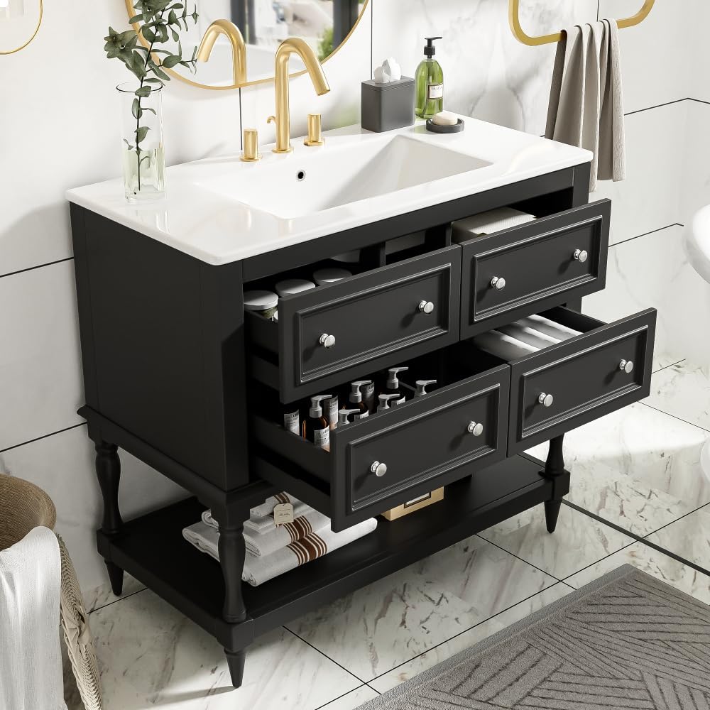 36 Inch Bathroom Vanity with Undermount Ceramic Sink, Free Standing Cabinet with 4 Drawers, Solid Wood Frame Modern Storage Set, Complete Single Basin Vanity for Bathroom (Black)