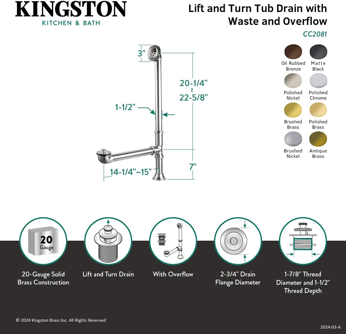 Kingston Brass CC2081 Vintage Claw Foot Tub Drain Come with Lift and Turn, 27-5/8-Inch, Polished Chrome