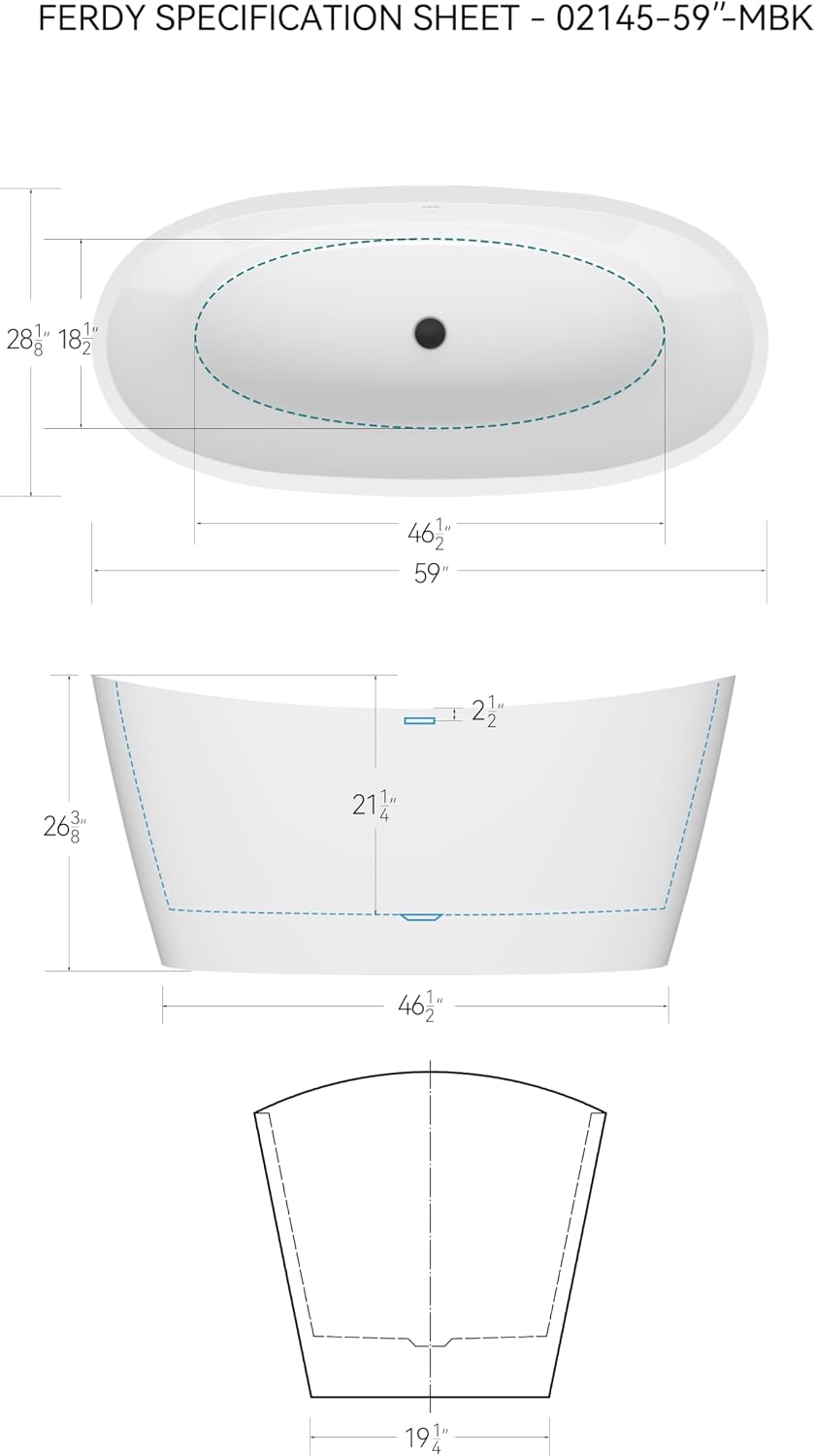 FerdY Naha Elite 59' Acrylic Freestanding Bathtub, Curve Edge Freestanding Soaking Bathtub, Glossy White, cUPC Certified, Matte Black Drain & Minimalist Linear Design Overflow Included