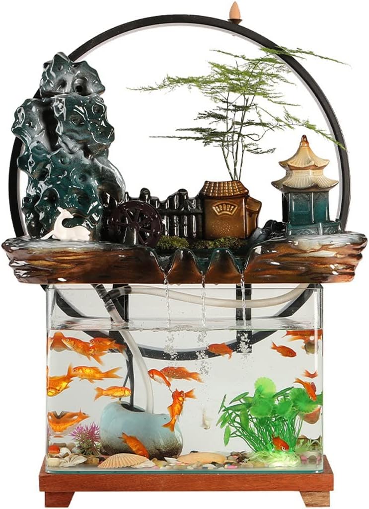 HIHELO Desktop Fountain Tabletop Fountain Ceramic Waterfall Fountain with Lamp Ring and Fish Tank Tabletop Flowing Water Decoration Office Home Decoration Water Fountain Outdoor (Color : A)