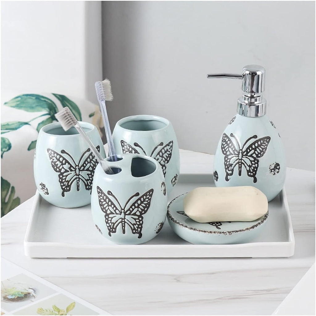 Soap Dispenser/Dispenser for Handwashing Fluid Bathroom Accessories Set 6 Pieces Includes Soap Dispenser Toothbrush Holder Tumbler Soap Dish and Tray,(Blue)