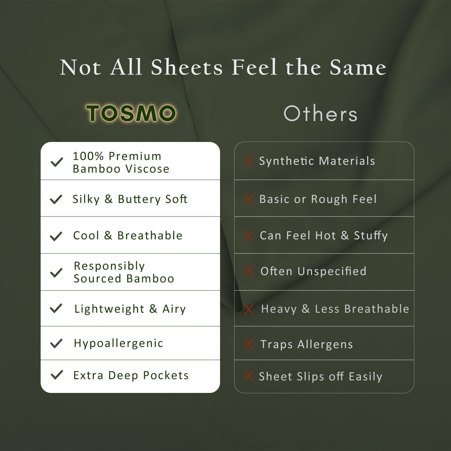 TOSMO Luxury Cooling Sheet Set | 100% Viscose from Organically Grown Bamboo | FSC® Certified | Queen Size | 18' Deep Pockets | Silky Soft Natural Bedding for Hot Sleeper [Olive]