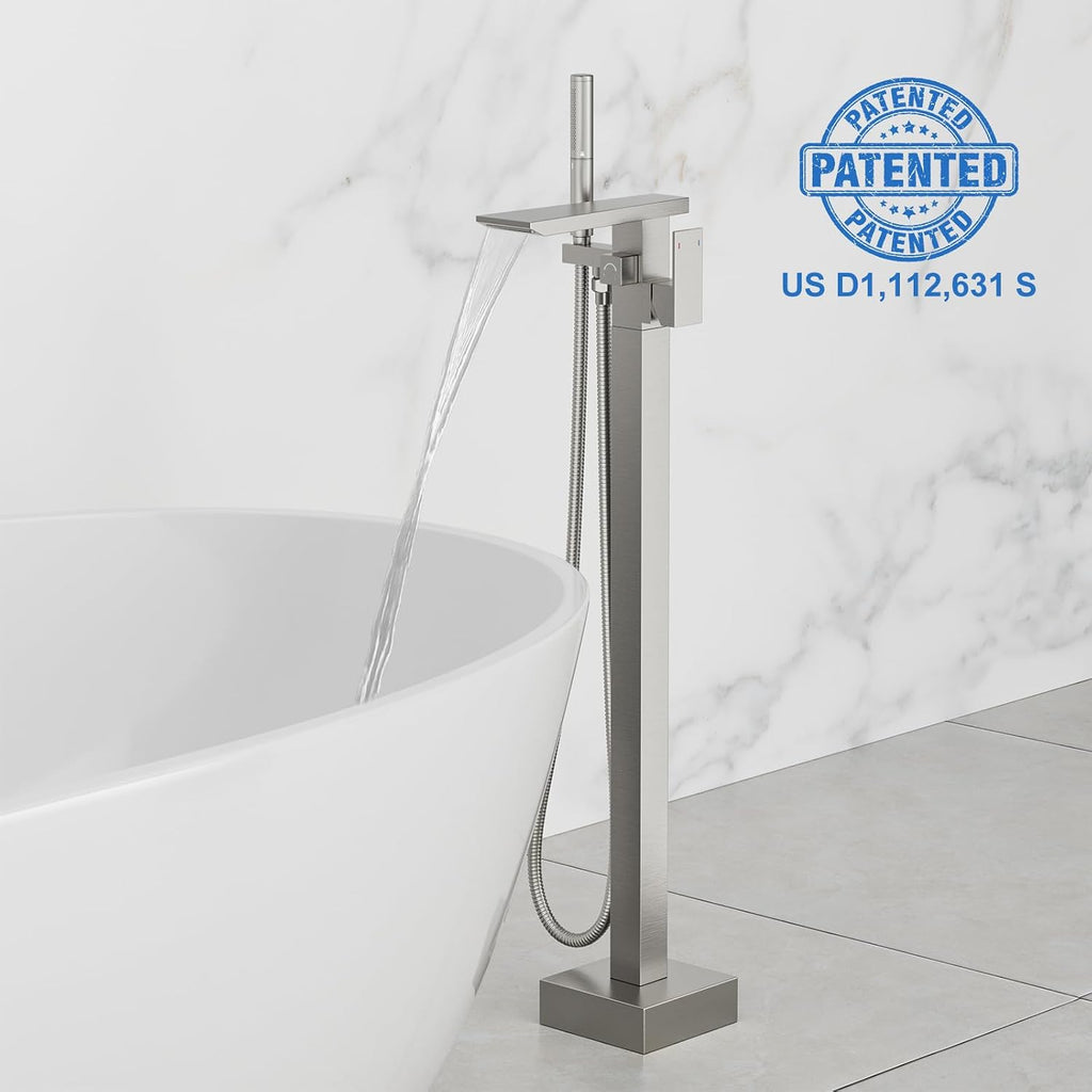 RUMOSE Brushed Nickel Bathtub Filler Freestanding Tub Filler Floor Mount Tub Faucet Waterfall Bathtub Faucet with CUPC Certified High Flow Brass Bath Shower Faucets with Handheld Sprayer