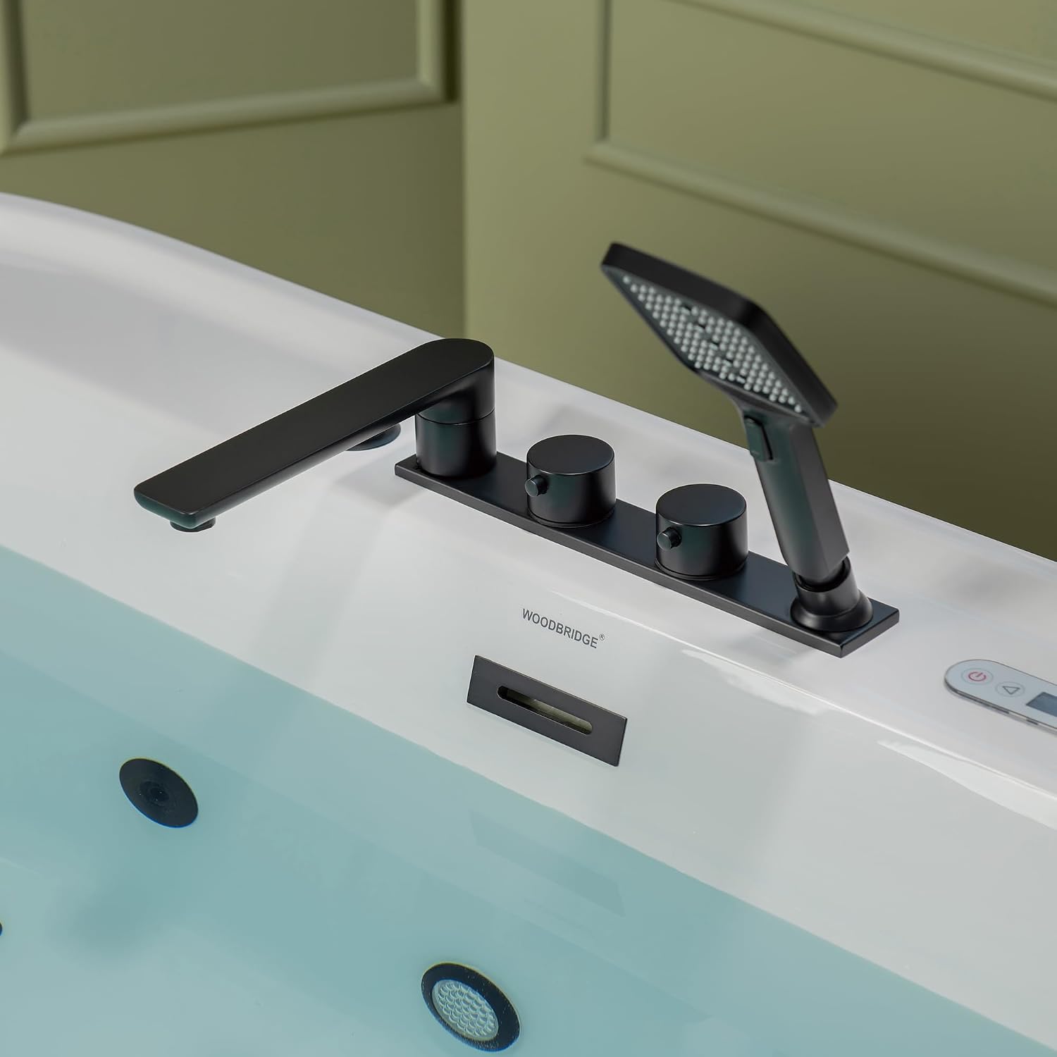 WOODBRIDGE 72' x 35-3/8' Whirlpool and Air Bath Heated Soaking Combination Tub with Adjustable Speed Air Blower, Tub Filler, and LED control panel, Matte Black Finish Trim and Drain Kit, BM500+F0051MB