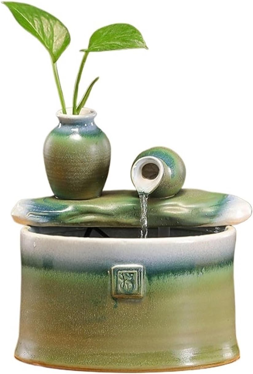Tabletop Ceramic Tabletop Fountain Small Water Ornamentn for Office Home Decoration Decor(Green)