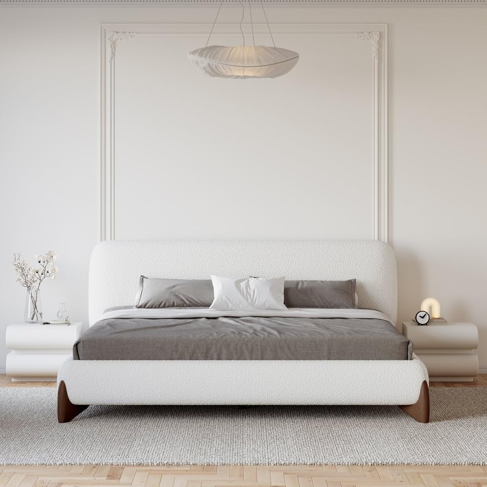 homary 3-Pieces Bedroom Sets King Size Upholstered Bed Frame with 2 Smart Nightstands – Bouclé Platform Bed with Upholstered Headboard, Leather Nightstands with Wireless Charging, USB