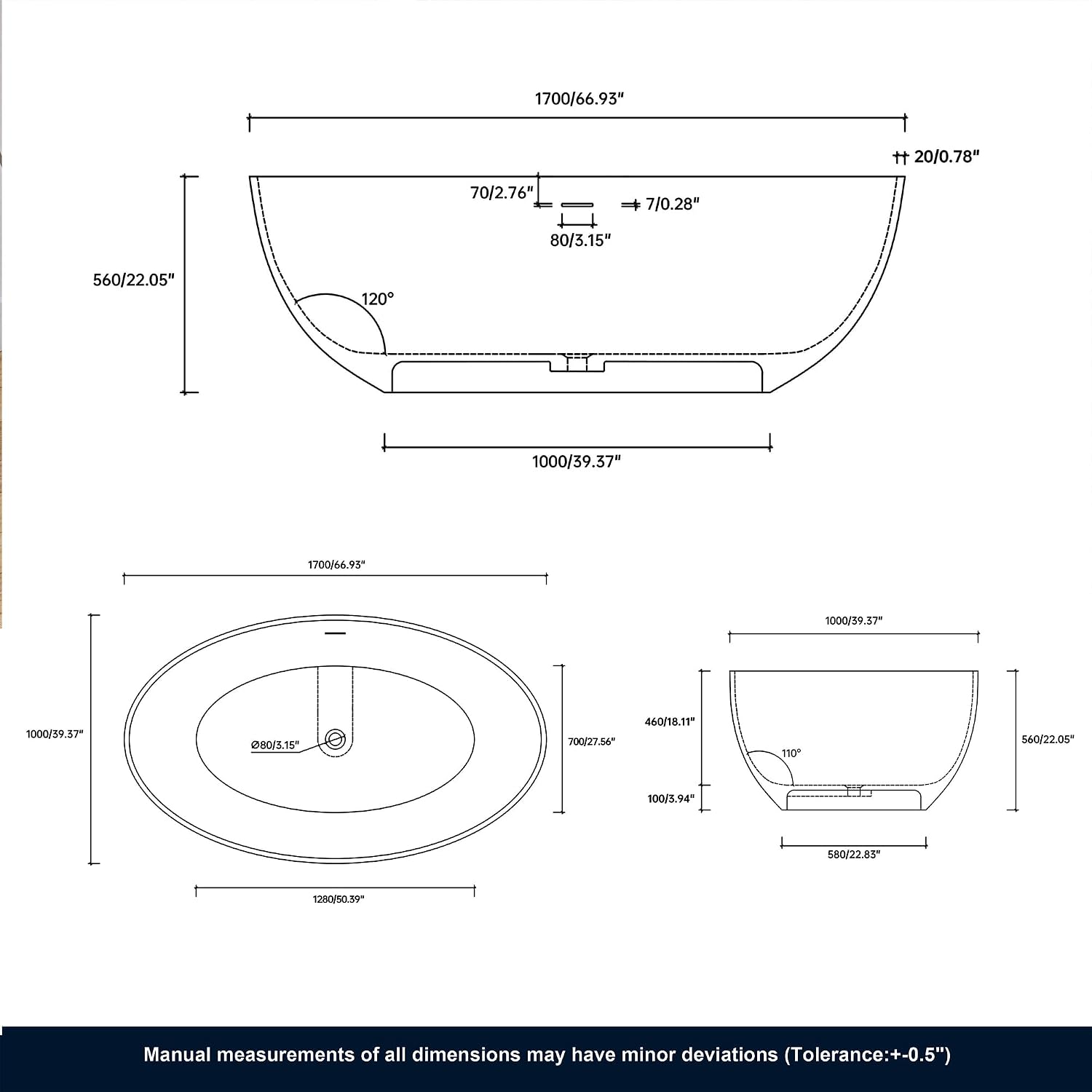 67' Stone Resin Freestanding Bathtub, Oval Solid Surface Bathroom Freestanding Tubs,Stand Alone Soaking Tub with Drain & Integrated Slotted Overflow Matte black AM301-1700