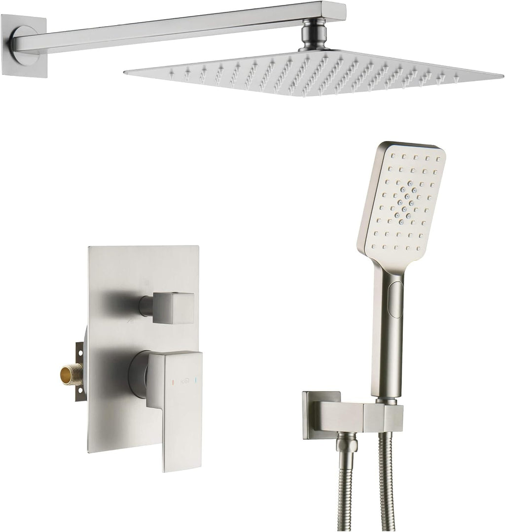 KIBI Cube Bathroom Shower System | 2-Function Wall Mounted Shower Faucet Set with Solid Brass Pressure Balanced Valve | Three Hand Shower Modes | 15-inch Long Shower Arm | Brushed Nickel (KSF405)