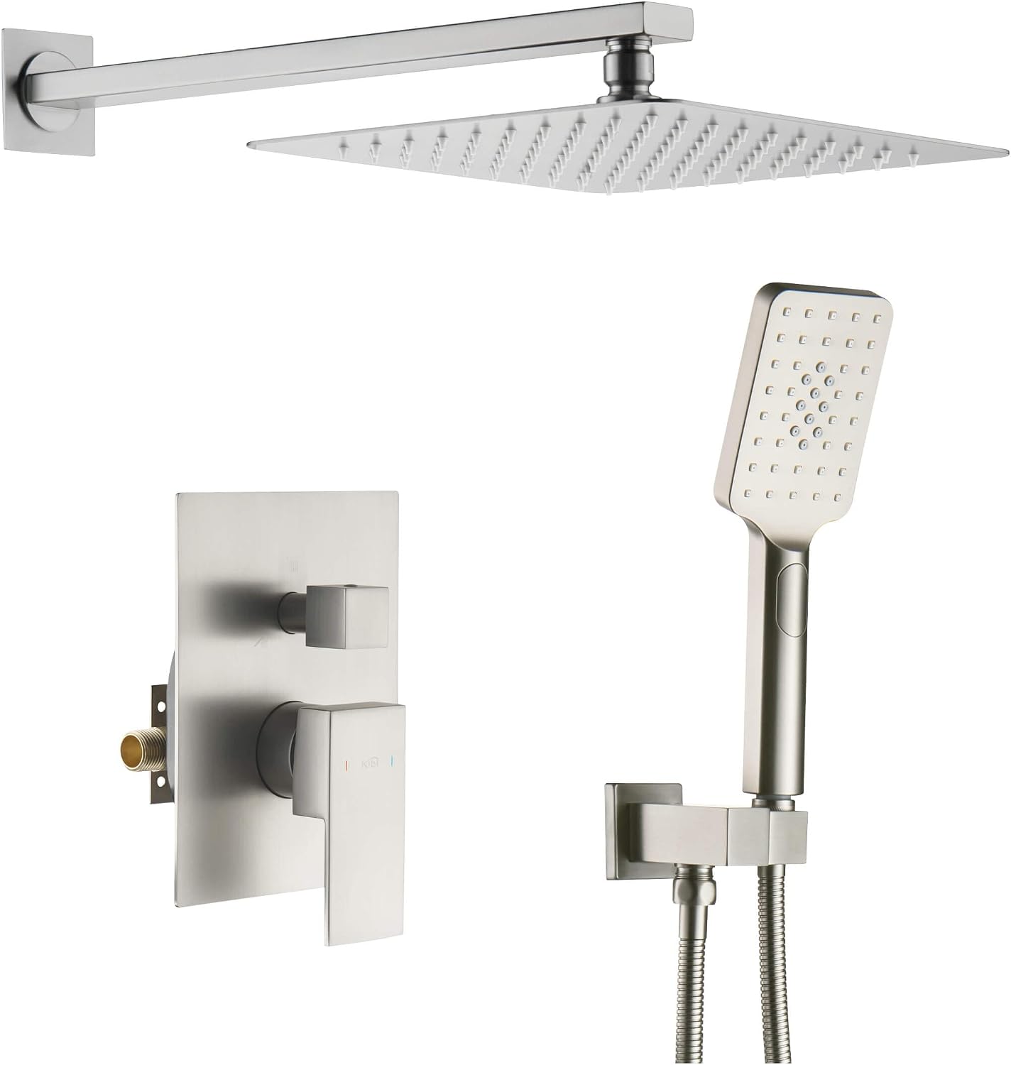 KIBI Cube Bathroom Shower System | 2-Function Wall Mounted Shower Faucet Set with Solid Brass Pressure Balanced Valve | Three Hand Shower Modes | 15-inch Long Shower Arm | Brushed Nickel (KSF405)