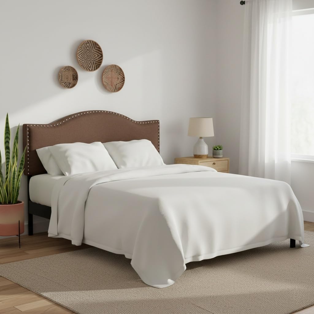 Naomi Home Adjustable Linen Headboard Queen with Nailhead Trim - Breathable Comfort and 12 Height Positions for Easy Style Upgrade - Espresso