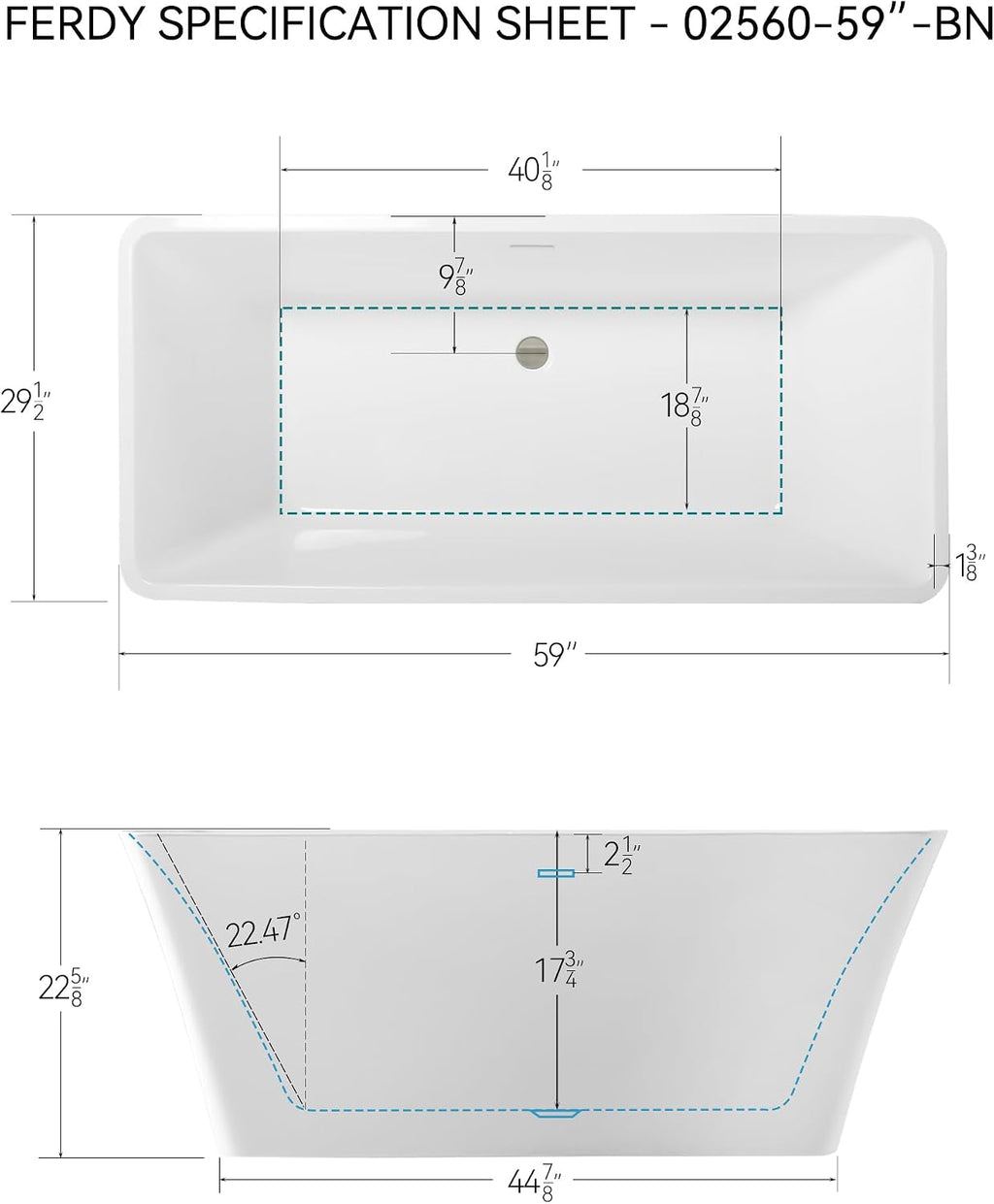 FerdY Sentosa 59' Acrylic Freestanding Bathtub, Contemporary Design Soaking Tub with Brushed Nickel Drain and Minimalist Linear Design Overflow, Easy to Install, 02560