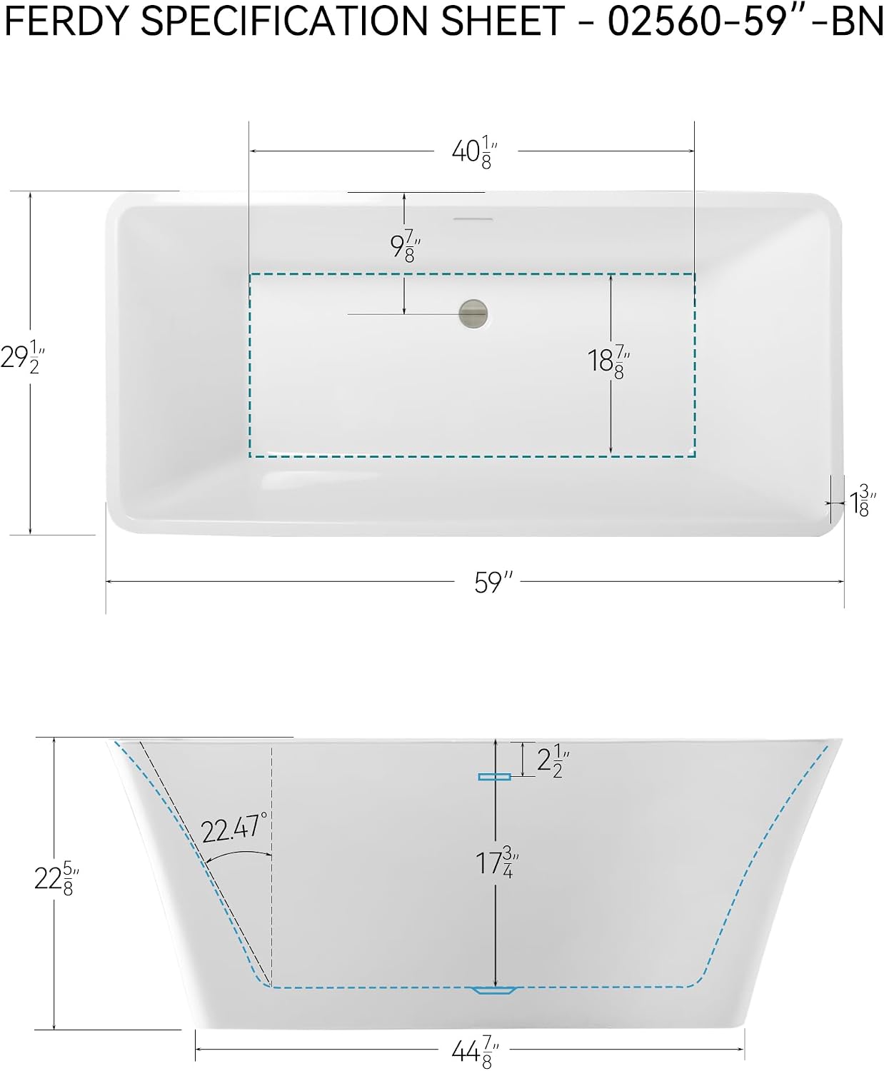 FerdY Sentosa 59' Acrylic Freestanding Bathtub, Contemporary Design Soaking Tub with Brushed Nickel Drain and Minimalist Linear Design Overflow, Easy to Install, 02560