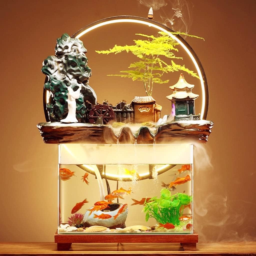 HIHELO Desktop Fountain Tabletop Fountain Ceramic Waterfall Fountain with Lamp Ring and Fish Tank Tabletop Flowing Water Decoration Office Home Decoration Water Fountain Outdoor (Color : B)