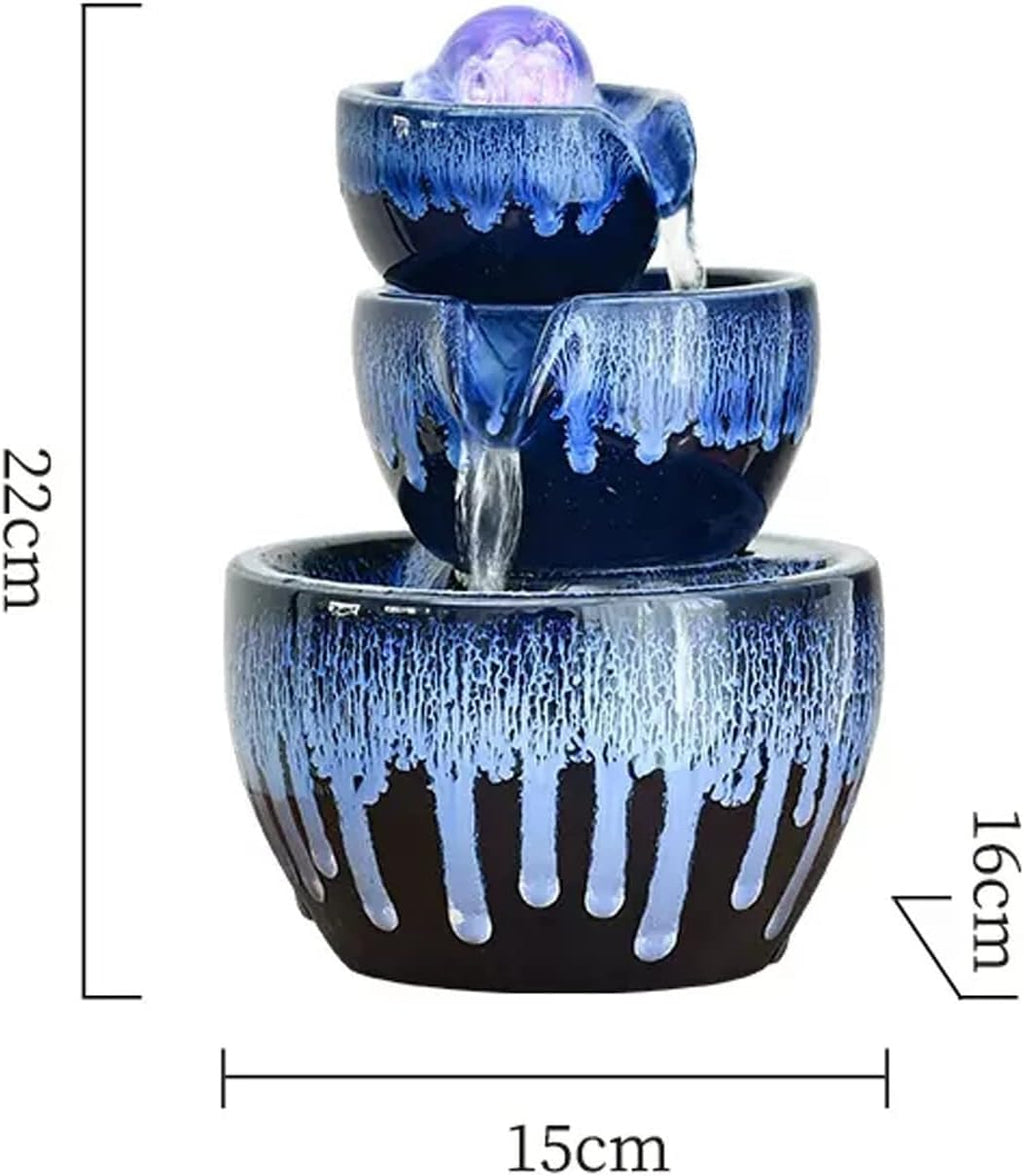 HIHELO Desktop Fountain 3 Tiers Ceramic Tabletop Fountain Indoor Feng Shui Waterfall Fountain with Roller Ball Home Living Room Office Decoration Water Fountain Outdoor