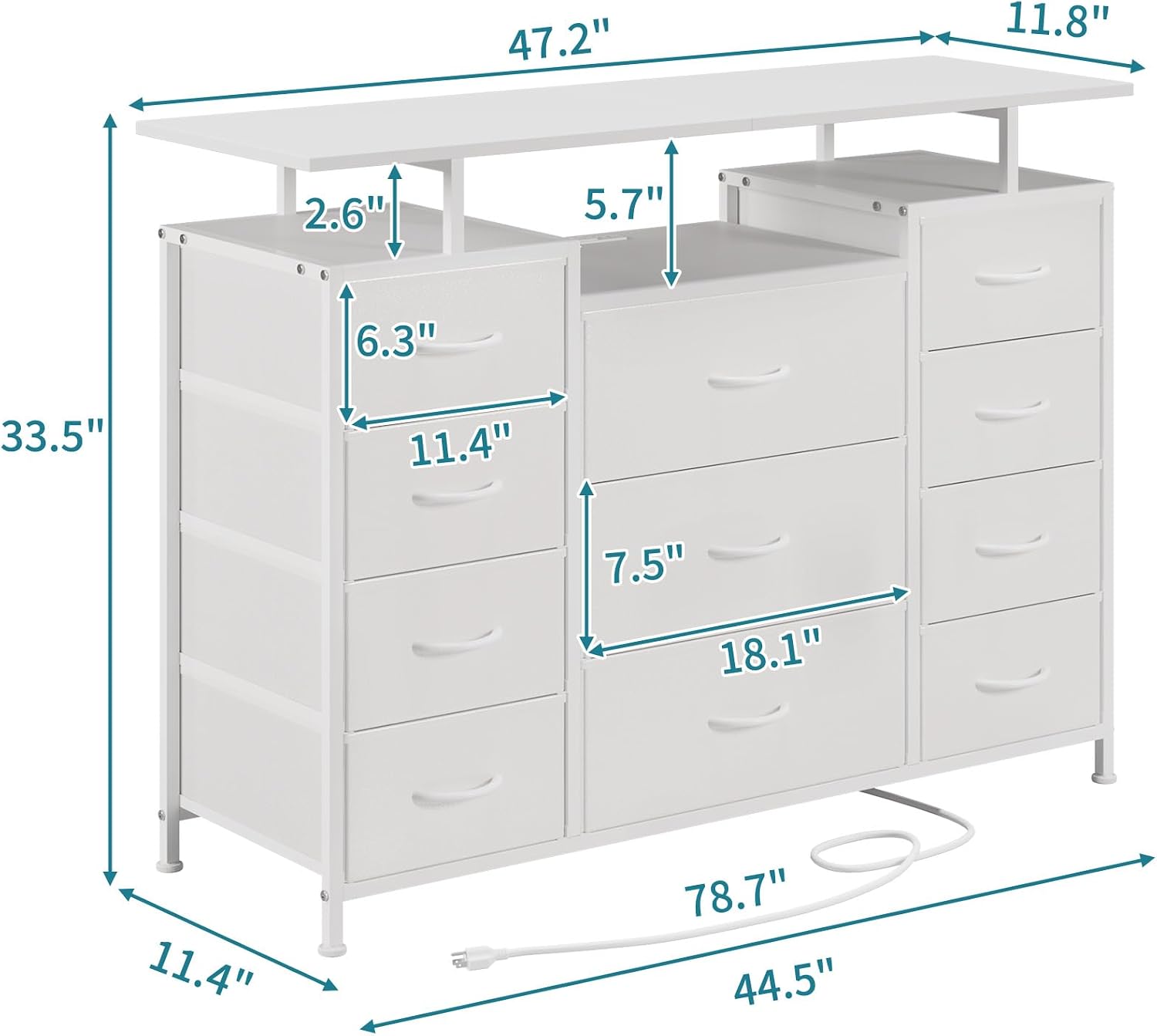LUMTOK 11 Drawers Dresser with Fabric Drawers,Charging Station, LED Lights and Shelves for Bedroom Storage Organization