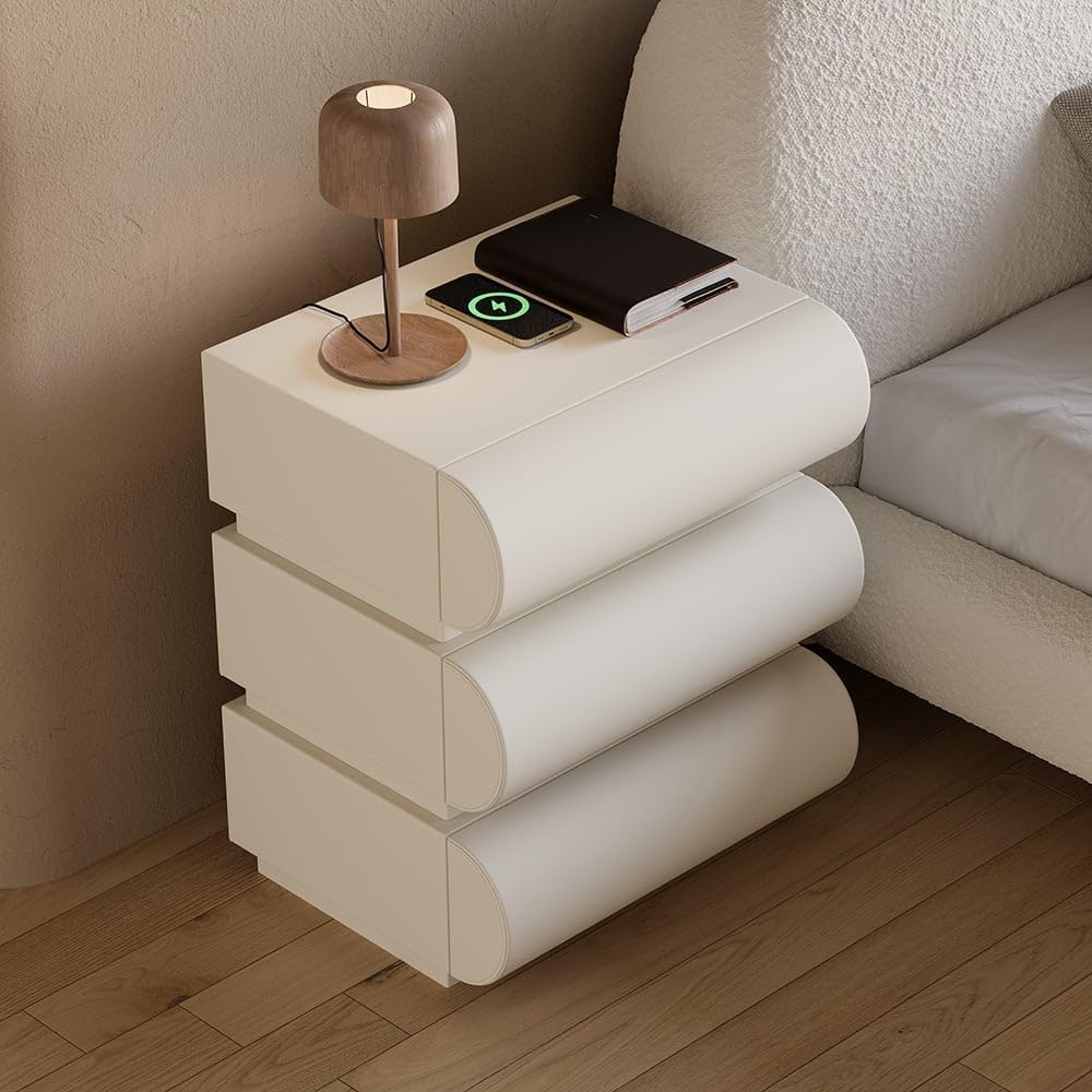homary Queen Size Upholstered Bed Frame with 2 Three-Drawer Nightstands – Modern Bedroom Set with Wireless Charging, USB Ports, Faux Leather & Bouclé Upholstered Bed Platform with Headboard