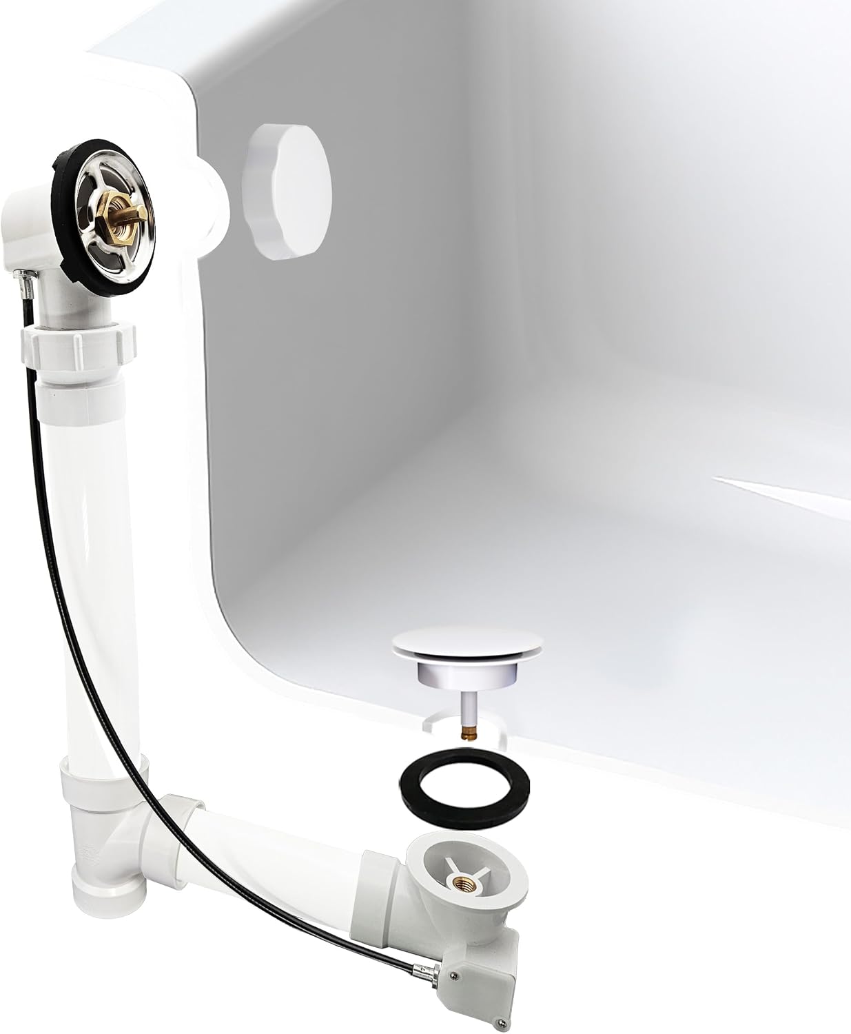 Westbrass A50P35BJ-50 1-1/2' Sch. 40 PVC 35' Cable Driven Bath Waste Kit with Ball Joint Head and Brass Trim Drain Kit, White
